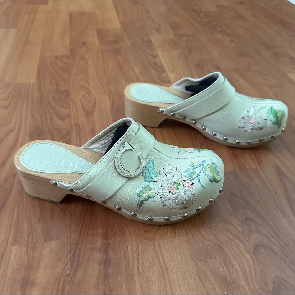 Christian Dior Leather Floral Print Mules Clogs